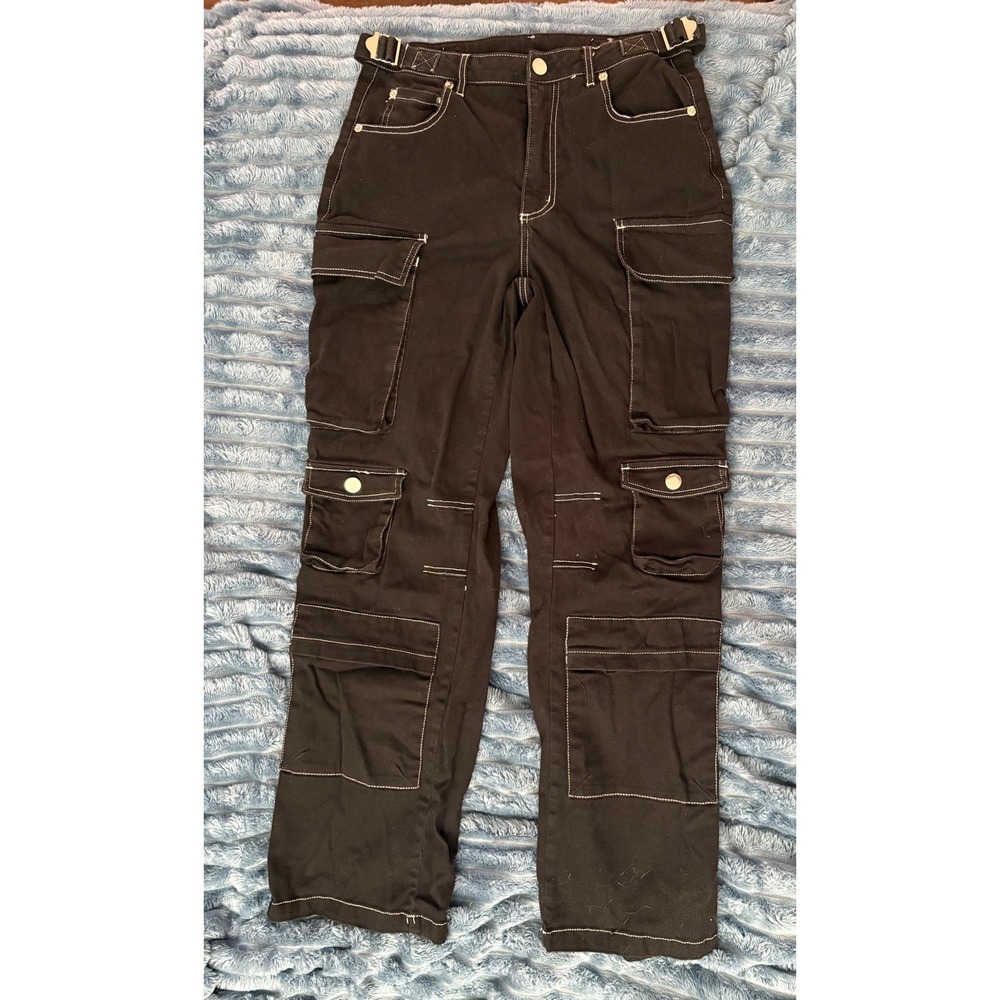 Faded Rose Essentials Black Cargo Pants Contrast Stitch Adjustable Waist Mens S